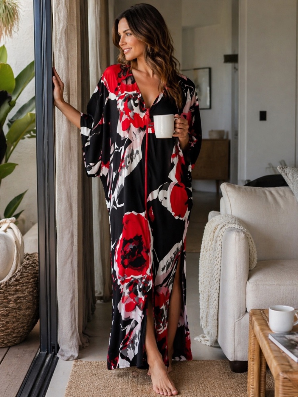 Natori Floral Caftan Maxi Dress Zip Front Robe Black Red White Boho Lounge S